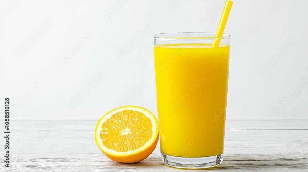 Refreshing Yellow Citrus Drink Served in a Transparent Glass with a Straw Accompanied by a Freshly Cut Half Orange on a Light Background Refreshing Yellow Citrus Drink Served in a Transparent Glass with a Straw Accompanied by a Freshly Cut Half Orange on a Light Background