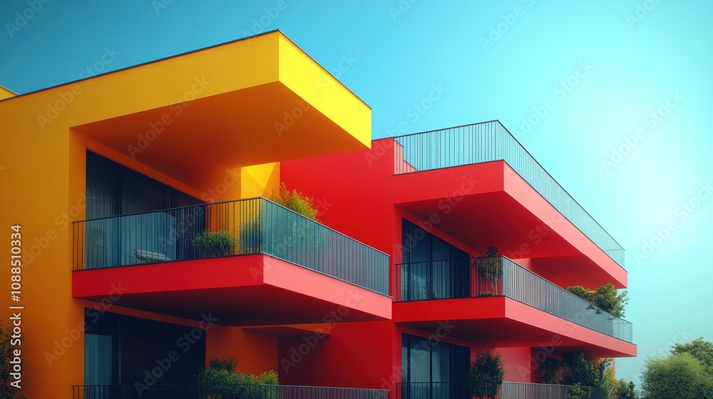 Vibrant modern apartments with colorful balconies under a clear sky. Vibrant modern apartments with colorful balconies under a clear sky.