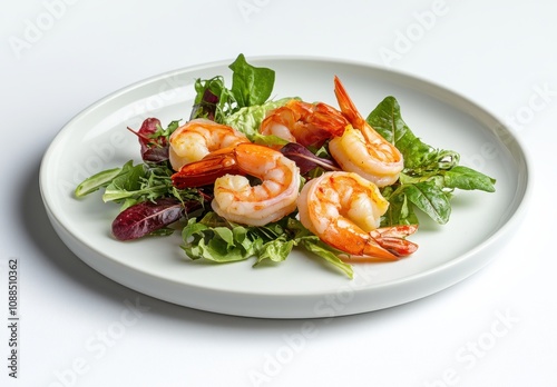 Fresh and Colorful Shrimp Salad with Mixed Greens on a White Plate, Ideal for Healthy Cooking, Gastronomy, and Culinary Arts Presentations