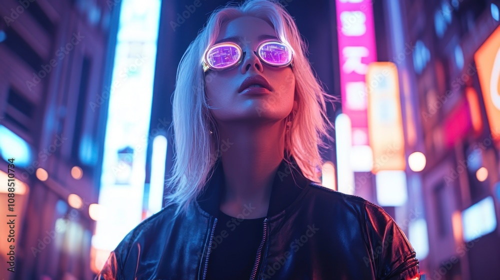 Cyberpunk Woman blonde hair Fashion in Neon City Nights Cyberpunk Woman blonde hair Fashion in Neon City Nights