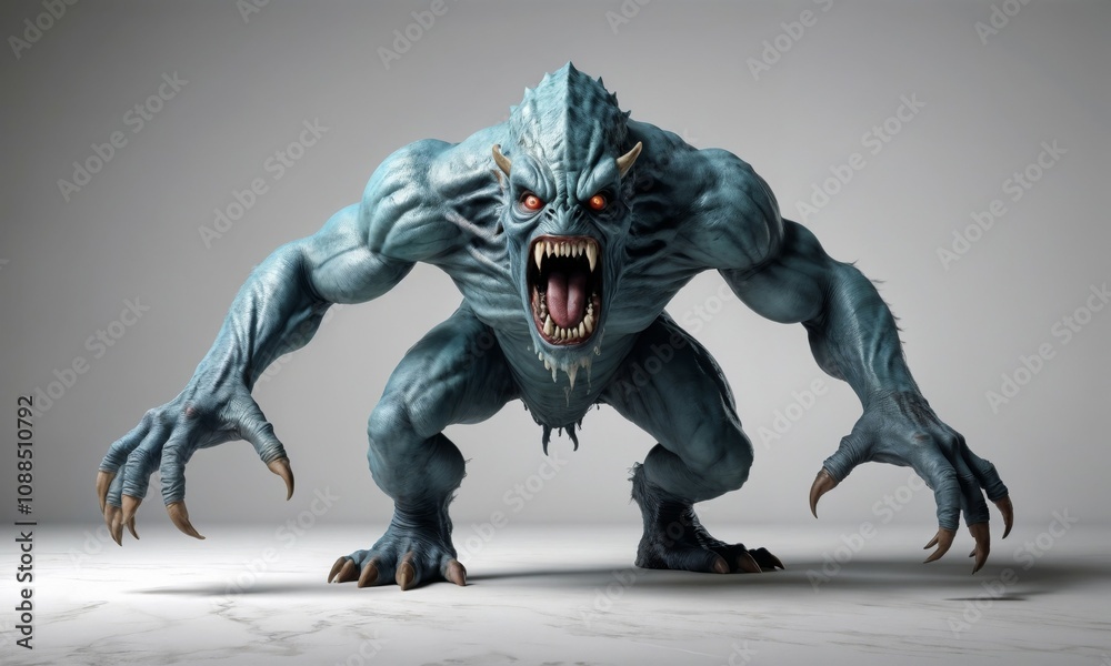 blue-skinned monster with glowing red eyes, sharp claws, and a menacing roar captured in a dramatic, high-definition pose against a neutral background blue-skinned monster with glowing red eyes, sharp claws, and a menacing roar captured in a dramatic, high-definition pose against a neutral background