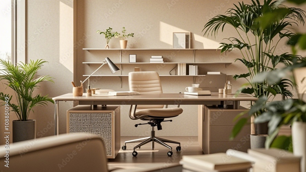A workspace with wooden walls and warm lighting, creating a cozy and inviting atmosphere ideal for staying focused and productive throughout the entire workday.