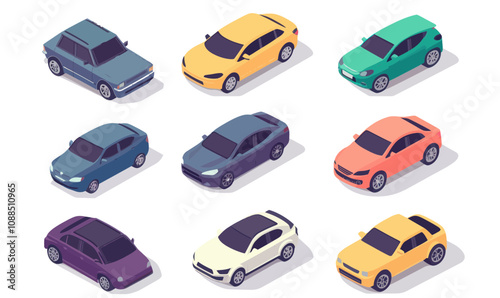 Isometric Vector Illustration of Minimalistic Car Set for Transport Designs