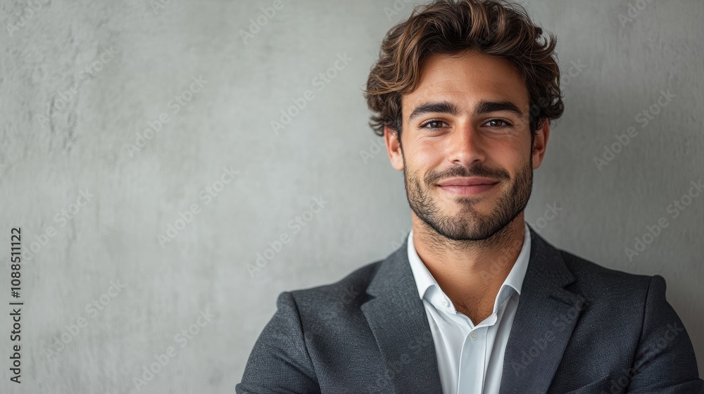 Young professional in a suit, smiling and pointing at a blank space, isolated against a white background.