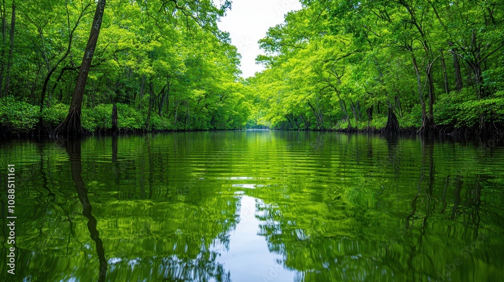 Serene Green Landscape with Calm Water Reflections in Lush Forest Environment, Enveloped by Vibrant Green Foliage and Tranquil Atmosphere Serene Green Landscape with Calm Water Reflections in Lush Forest Environment, Enveloped by Vibrant Green Foliage and Tranquil Atmosphere