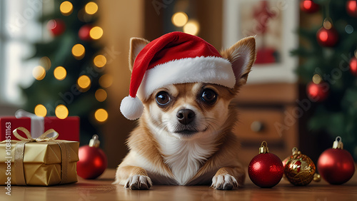 Close up of a cute chihuahua dog wearing a Santa Claus hat on a table with Christmas attributes around it