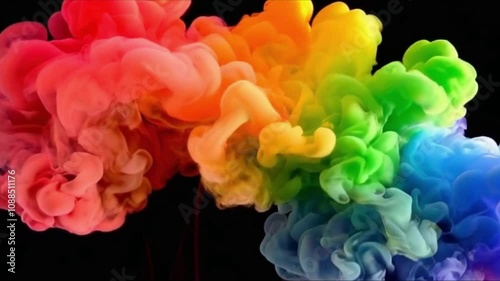Vibrant Rainbow Colored Smoke Clouds, vivid explosion of rainbow colors forming fluffy smoke clouds, evoking a sense of creativity and fantasy in an abstract design, Slow motion animation abstract