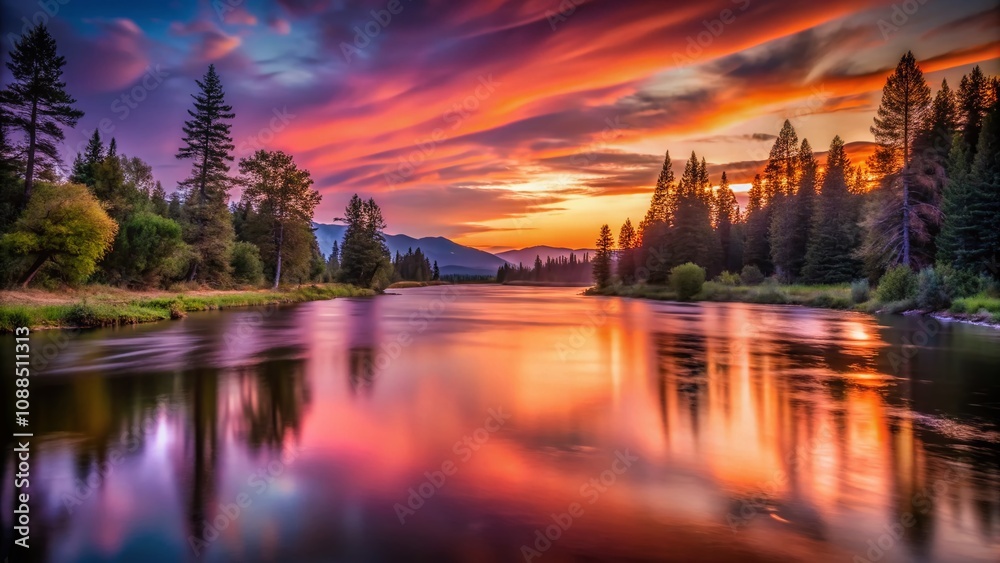 Breathtaking Long Exposure of Priest River at Sunset with Vibrant Colors Reflecting on Water and Silhouetted Trees Creating a Serene Natural Landscape for Tranquil Escapes Breathtaking Long Exposure of Priest River at Sunset with Vibrant Colors Reflecting on Water and Silhouetted Trees Creating a Serene Natural Landscape for Tranquil Escapes
