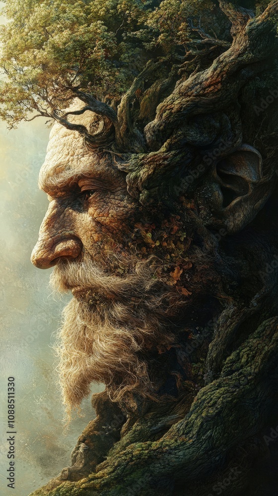A mystical figure combines human and nature features, showcasing a connection between man and the earth's beauty. A mystical figure combines human and nature features, showcasing a connection between man and the earth's beauty.