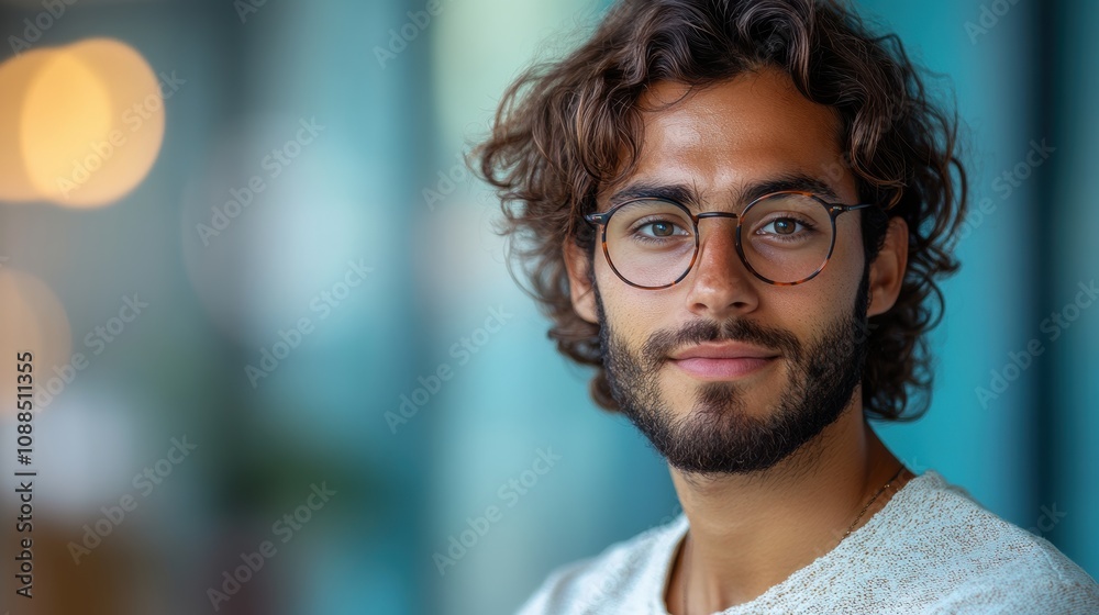 Fototapeta premium Portrait of a young professional with a laptop, looking confident, isolated against a light blue background.