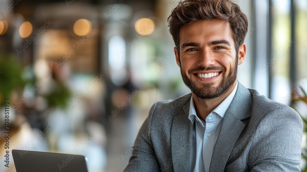 Naklejka premium Happy young businessman in a suit, holding a laptop and smiling, isolated against a white background.