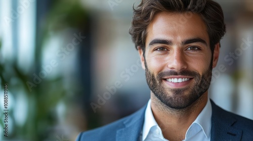 Happy young businessman in a suit, holding a laptop and smiling, isolated against a white background.