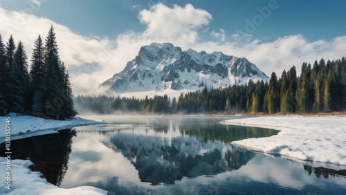 Tranquil scenery with snow castle in clouds. Mountain creek flows from forest hills into glacial lake. Snowy mountains in fog clearance. Small river and coniferous trees reflected - generative ai