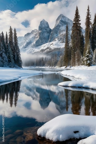 Tranquil scenery with snow castle in clouds. Mountain creek flows from forest hills into glacial lake. Snowy mountains in fog clearance. Small river and coniferous trees reflected - generative ai