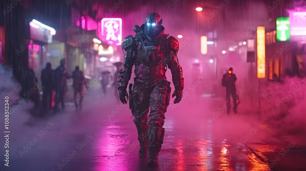 Cyberpunk Rain: A futuristic soldier navigates a neon-drenched, rain-soaked city street. Cyberpunk Rain: A futuristic soldier navigates a neon-drenched, rain-soaked city street.