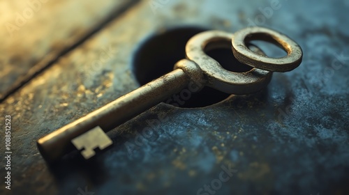 A close-up of an old, rusty key with a keyhole in the background.