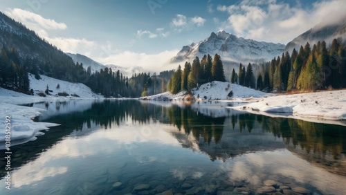 Tranquil scenery with snow castle in clouds. Mountain creek flows from forest hills into glacial lake. Snowy mountains in fog clearance. Small river and coniferous trees reflected - generative ai photo