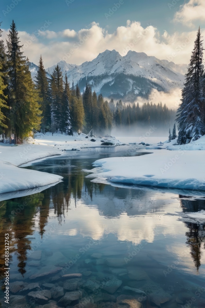 Tranquil scenery with snow castle in clouds. Mountain creek flows from forest hills into glacial lake. Snowy mountains in fog clearance. Small river and coniferous trees reflected - generative ai Tranquil scenery with snow castle in clouds. Mountain creek flows from forest hills into glacial lake. Snowy mountains in fog clearance. Small river and coniferous trees reflected - generative ai
