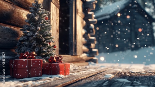  Christmas Tree and Gifts are Placed Near White Snow on the Ground photo