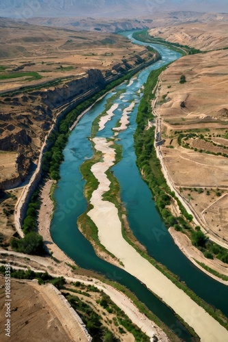 Rumkale, Savaşan village, Euphrates River and Abyssinian stream. One side of the river is Gaziantep and the other side is Şanlıurfa province. The Euphrates river separates - generative ai photo