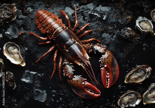 Fresh Lobster on Dark Background Surrounded by Ice and Oysters, Ideal for Seafood Dishes, Culinary Art, and Gourmet Presentation photo