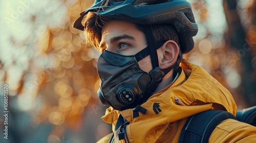 A dynamic shot of a man wearing a reusable face mask while cycling, highlighting the lightweight and durable design ideal for active lifestyles and outdoor activities photo