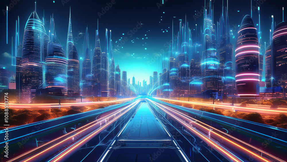 Obraz premium A futuristic city powered by AI, with glowing skyscrapers, autonomous vehicles, and smart systems