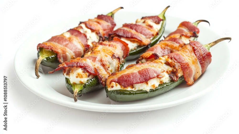 A plate of spicy jalapeño poppers stuffed with cream cheese and wrapped in bacon, Each popper crispy on the outside and creamy on the inside