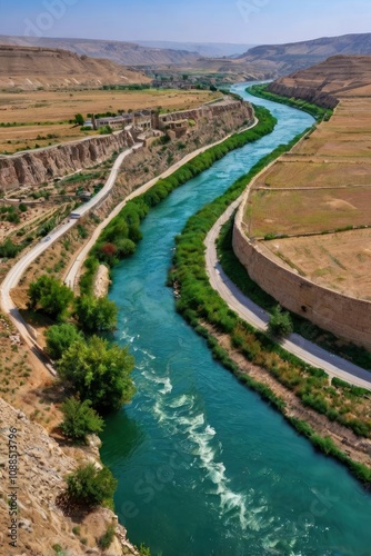 Rumkale, Savaşan village, Euphrates River and Abyssinian stream. One side of the river is Gaziantep and the other side is Şanlıurfa province. The Euphrates river separates - generative ai