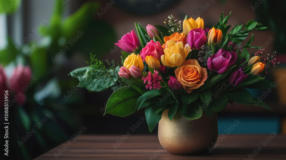 A vase of flowers with a gold base sits on a wooden table A vase of flowers with a gold base sits on a wooden table