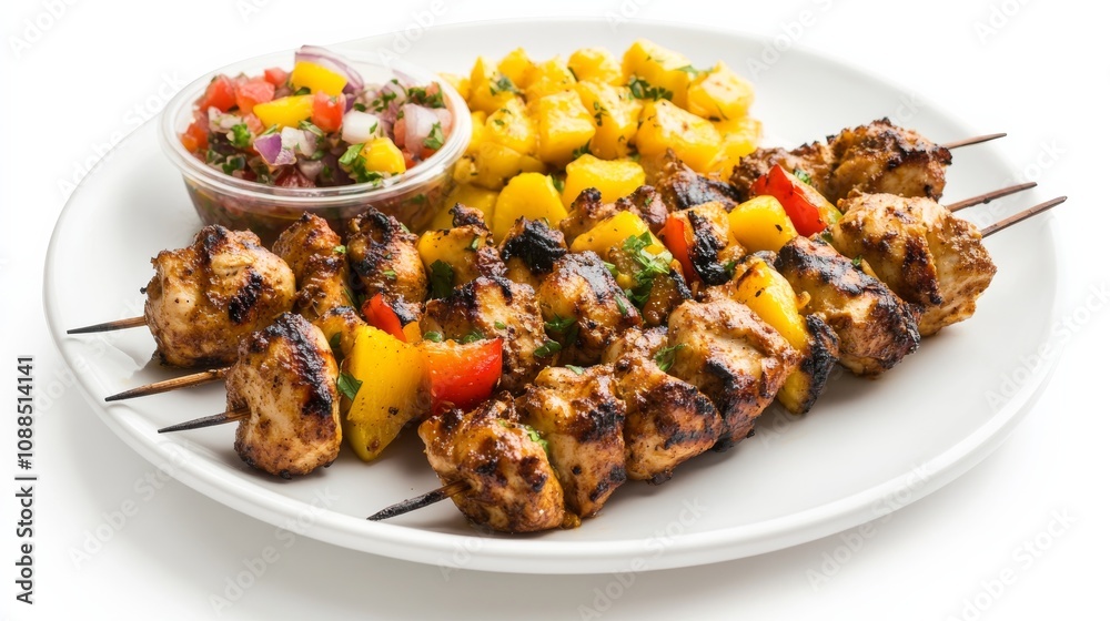 A plate of spicy jerk chicken skewers with marinated chicken, bell peppers, and onions A plate of spicy jerk chicken skewers with marinated chicken, bell peppers, and onions