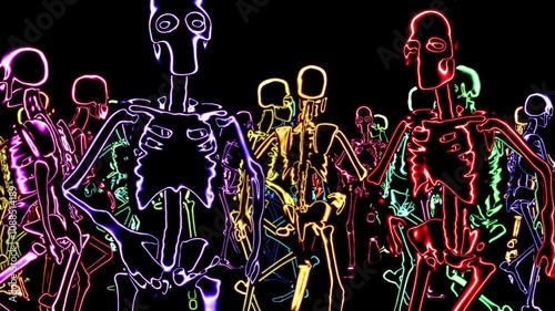 Neon skeleton dancers add vibrant energy to the music experience