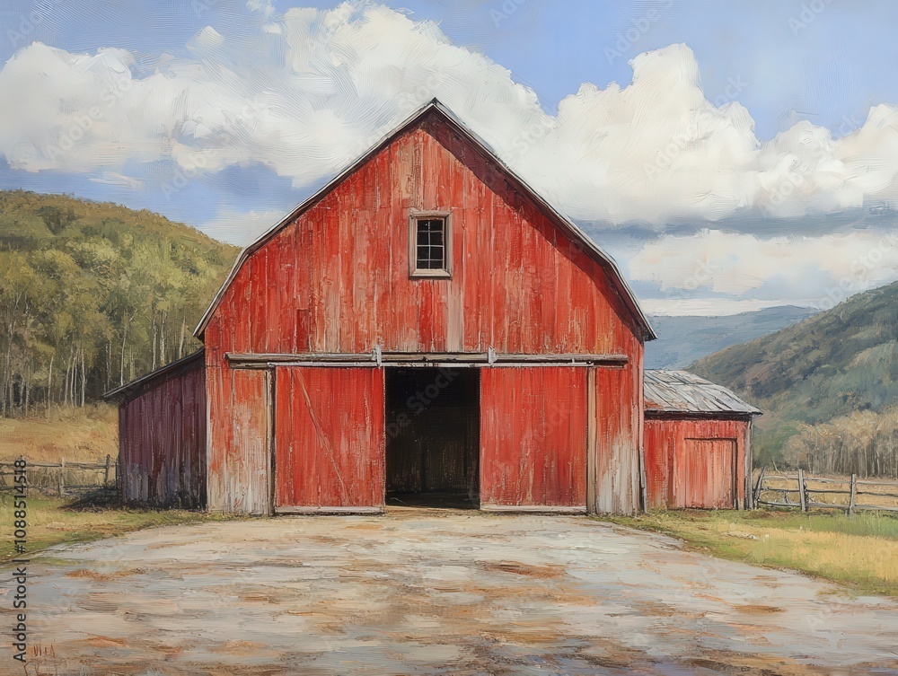 A rustic red barn surrounded by rolling hills under a bright blue sky, capturing the essence of countryside life. A rustic red barn surrounded by rolling hills under a bright blue sky, capturing the essence of countryside life.