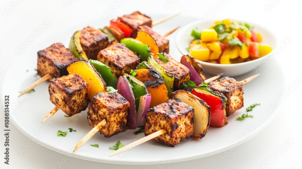 A plate of spicy jerk tofu skewers with marinated tofu, bell peppers, and onions A plate of spicy jerk tofu skewers with marinated tofu, bell peppers, and onions