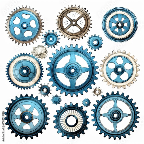 Set of Victorian-Era Gears and Cogs in steampunk style, in black, white and blue colors on white background. Set of illustrations featuring gears, steampunk-inspired top hat, and pocket watches