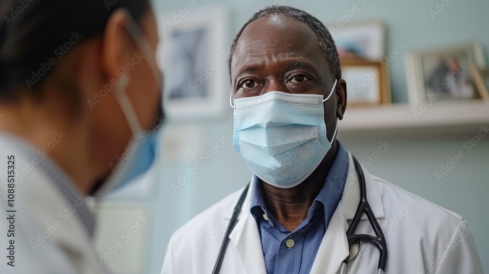 A dynamic view of a doctor explaining the correct way to put on a face mask to a patient A dynamic view of a doctor explaining the correct way to put on a face mask to a patient