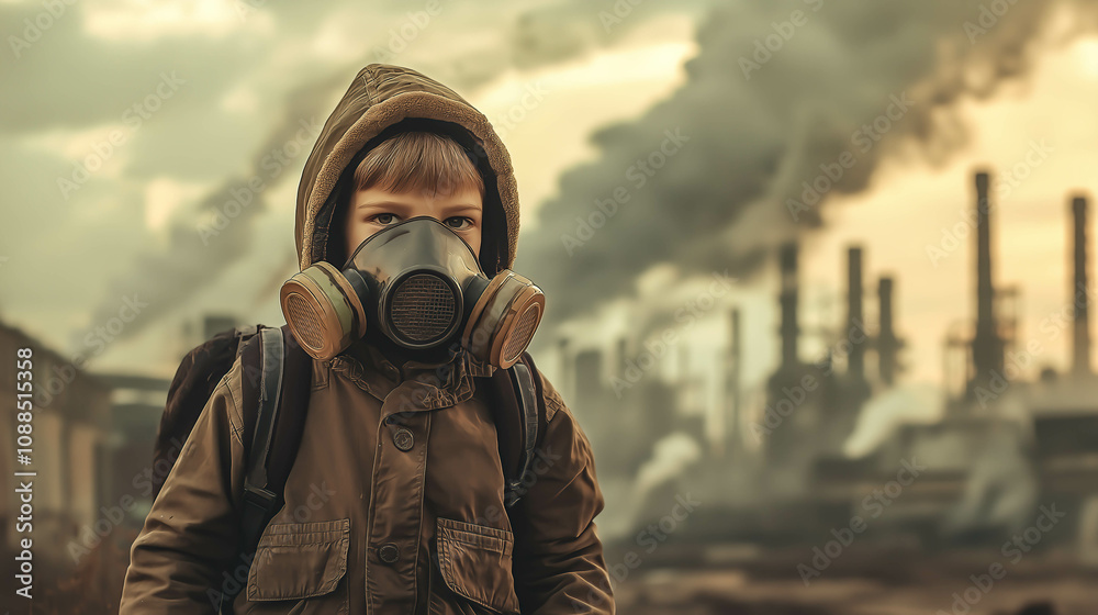 A kid boy wears a mask in a polluted city. The concept of urban environmental challenges, air quality, and protecting future generations. Generative AI. A kid boy wears a mask in a polluted city. The concept of urban environmental challenges, air quality, and protecting future generations. Generative AI.