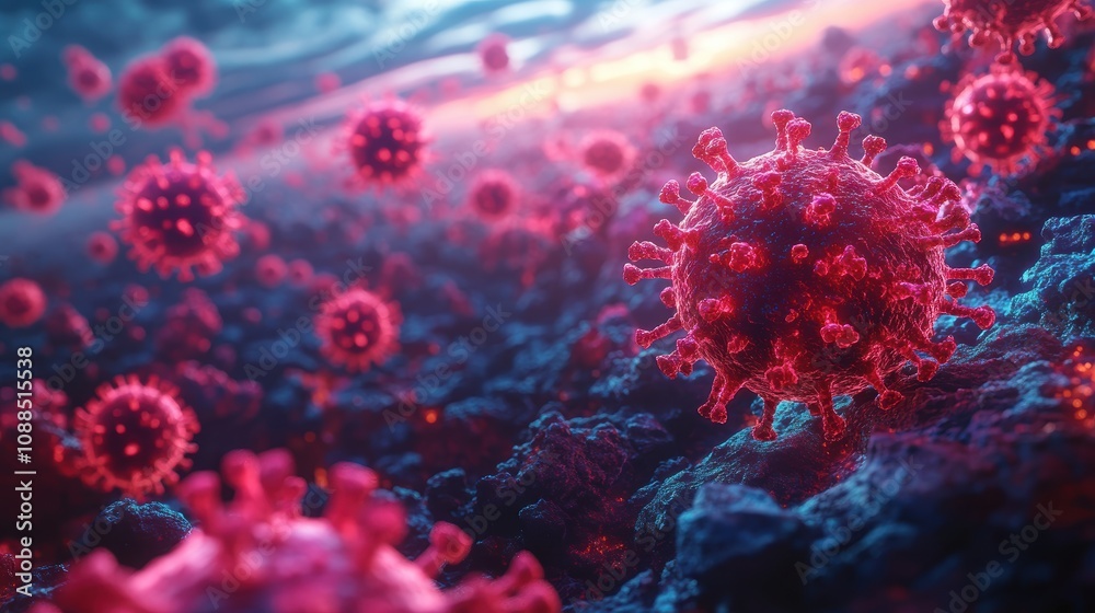 Global Pandemic: A dramatic 3D rendering of a virus outbreak, with multiple virus particles swirling around a miniature Earth, emphasizing the global impact of the pandemic. Global Pandemic: A dramatic 3D rendering of a virus outbreak, with multiple virus particles swirling around a miniature Earth, emphasizing the global impact of the pandemic.