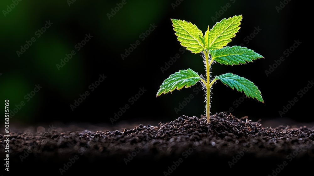 Young Green Plant Growing in Dark Soil with Bright Leaves Against a Black Background, Symbolizing Nature and New Beginnings in Agriculture and Gardening Young Green Plant Growing in Dark Soil with Bright Leaves Against a Black Background, Symbolizing Nature and New Beginnings in Agriculture and Gardening