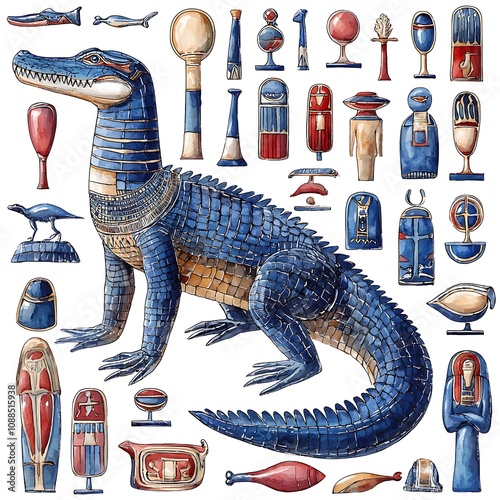 Ancient Egyptian Crocodile God Sobek with Collection of Symbolic Artifacts  Watercolor Illustration. photo