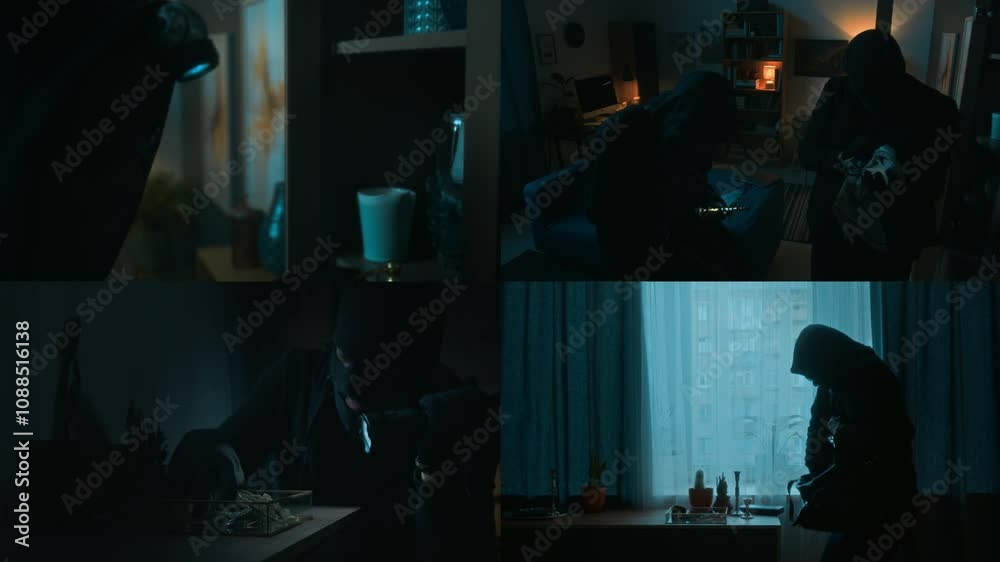 Split screen of two crime partners stealing golden candelabrum and jewellery from apartment while holding robbery Split screen of two crime partners stealing golden candelabrum and jewellery from apartment while holding robbery