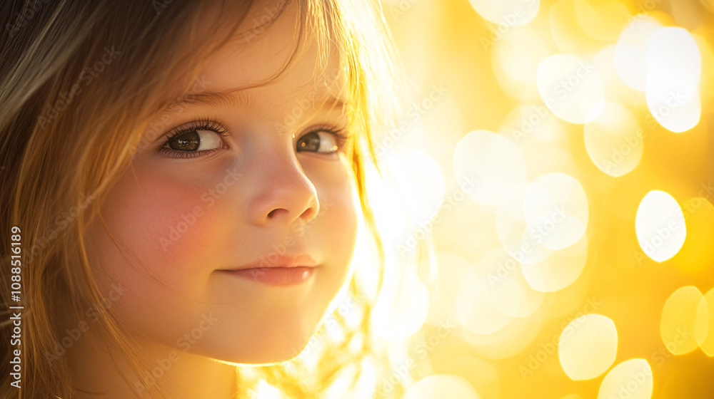 Fototapeta premium Cute child enjoying warm sunny glow during golden hour in outdoor setting