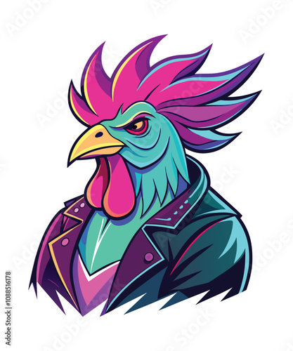 rooster rockstar character retro anime detailed white background isolated object fit on the page for t-shirt design