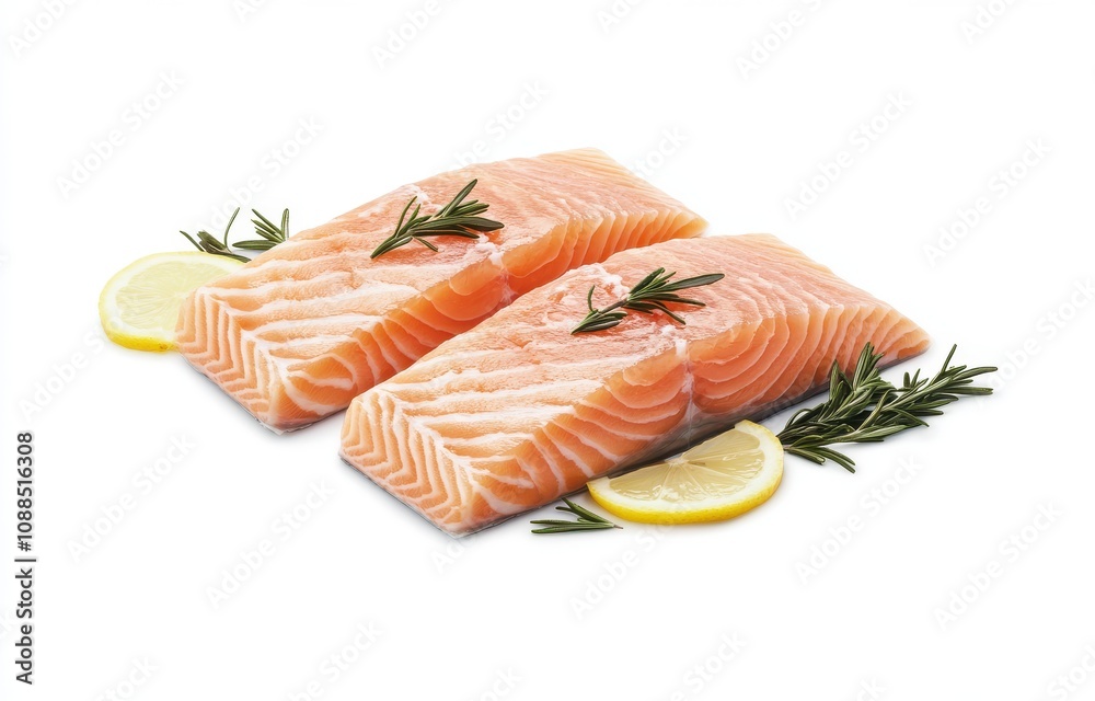 Fresh Salmon Fillets with Slices of Lemon and Sprigs of Rosemary on a White Background for Culinary and Food Photography Needs Fresh Salmon Fillets with Slices of Lemon and Sprigs of Rosemary on a White Background for Culinary and Food Photography Needs