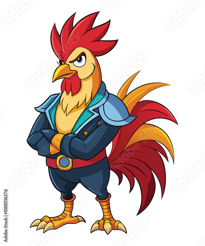 rooster rockstar character retro anime detailed white background isolated object fit on the page for t-shirt design