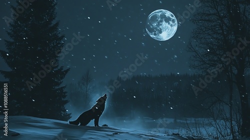 A lone wolf howls at the full moon in a snowy forest. photo