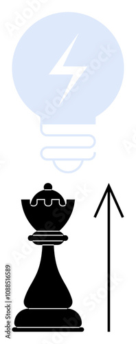 Black chess piece with blue light bulb and upward arrow emphasizing strategic growth and innovation. Ideal for business strategy, innovation, leadership, creativity, problem-solving, growth