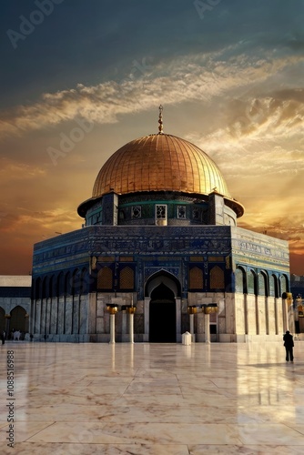 Masjid dome islam moon star night isra miraj namaz sunset background mubaruk greeting islam ramadan element masjid aqsa hajj kaaba umrah eid arabian religion islamic arab muslim - generativea ai photo