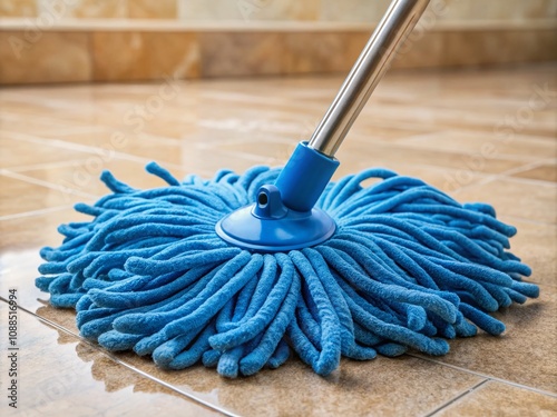Close-Up of a Blue Microfiber Mop Effectively Cleaning a Beige Tile Floor, Showcasing the Texture and Detail of the Mop and Surface for Home Cleaning Themes