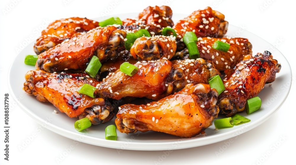 A plate of spicy sriracha chicken wings with sriracha glaze, sesame seeds, and green onions